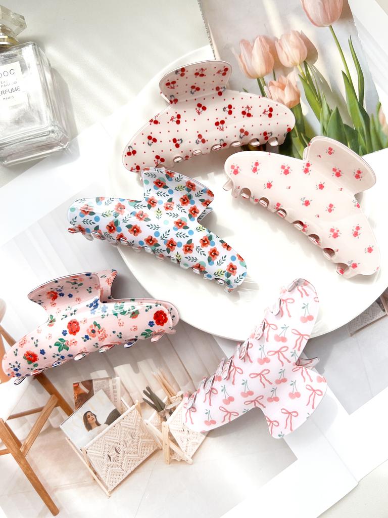 Rosa Söt Elegant Blommig Körsbär Hårklämma Set, Akryl Tryck Rosett Tusensköna Hårnålar för Kvinnor Sommar Blommig Håraccessoar