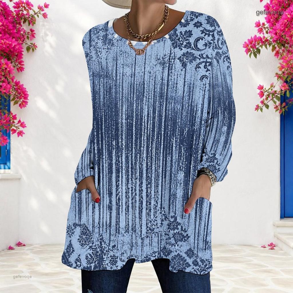Women Plus Size Round Neck Long Sleeve Abstract Printed Loose Longline T Shirt With Pockets