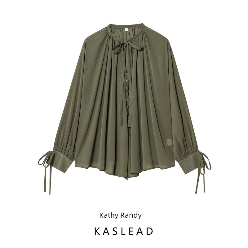 Kaslead New Women clothes Western Style Temperament Bow Lace-up Long sleeve Shirts Top