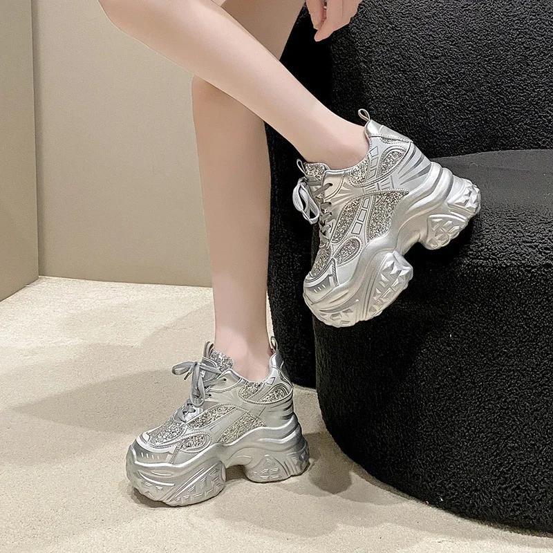 Fashion Women Winter Chunky Sneakers Thick Bottom Female Casual Leather Dad Shoe Lace Up 10.5CM High Platform Vulcanized Shoes Woman