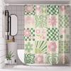 Floral Checkered High Quality Polyester Shower Curtain with Hooks - Pink & Green Cartoon Flower Design, No-Drill Installation