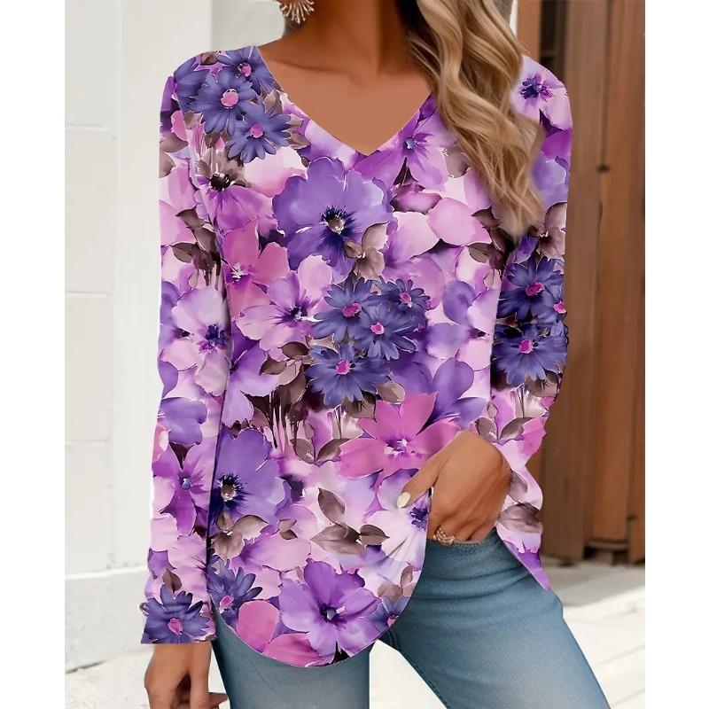 Spring and Autumn V-neck 3D Floral Graphic Printed Top Fashionable Elegant Casual Long Sleeved Women's T-shirts