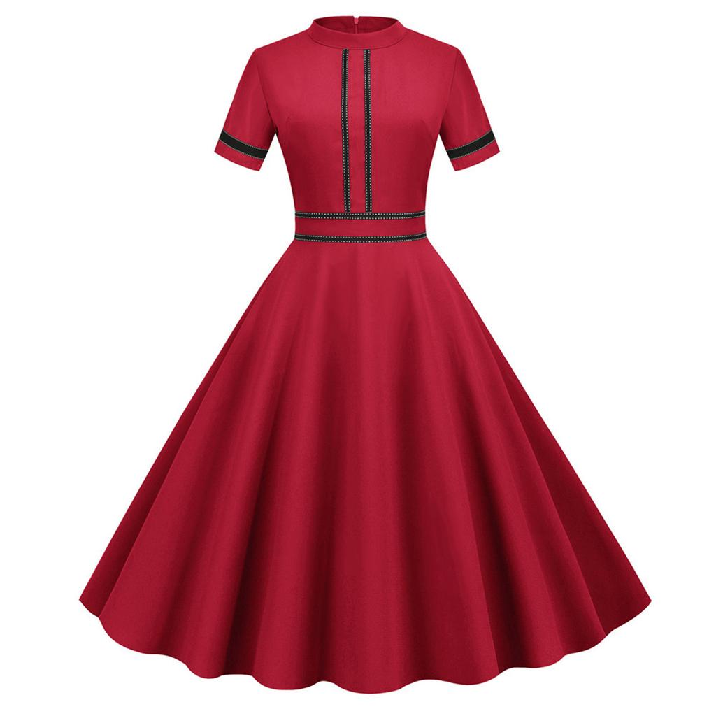 Women's Color Vintage Short-Sleeved Stand-Up Collar Fashion Party Hem Dress