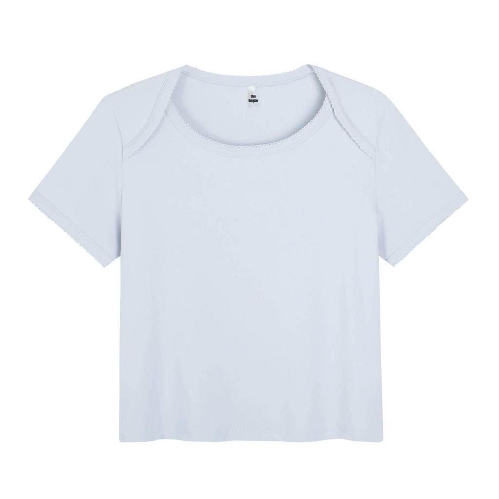 Women's Plus Size Lace Round Neck Two-Piece Look T-Shirt - Short Sleeve, Loose Fit 