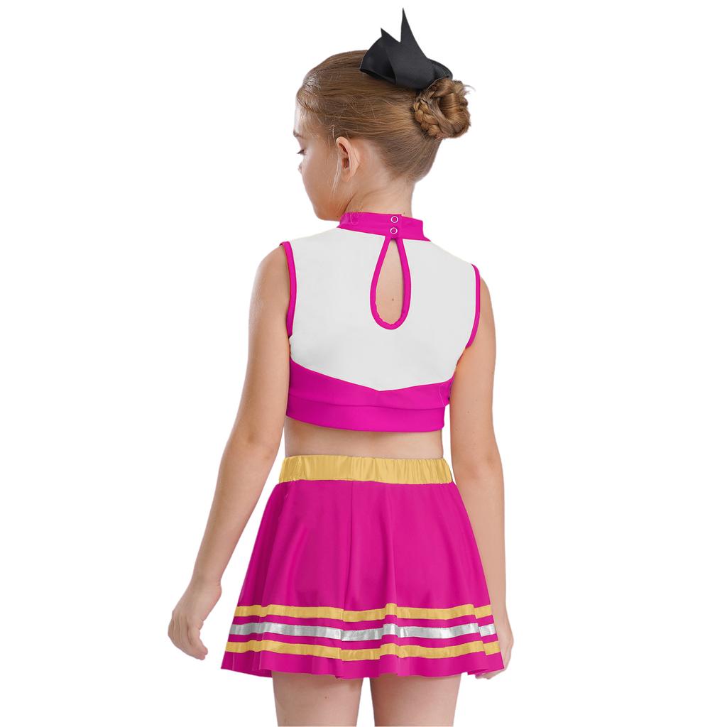 Dziewczęcy crop top bez rękawów z golfem i nadrukiem liter, elastyczny pas, spódnica w paski, zestaw do cheerleadingu i tańca