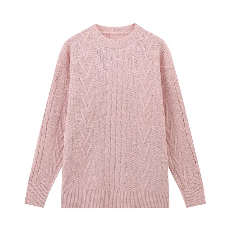 

Свитер свободного кроя в французском стиле с круглым вырезом, вязаный косами и резинкой Large розовый