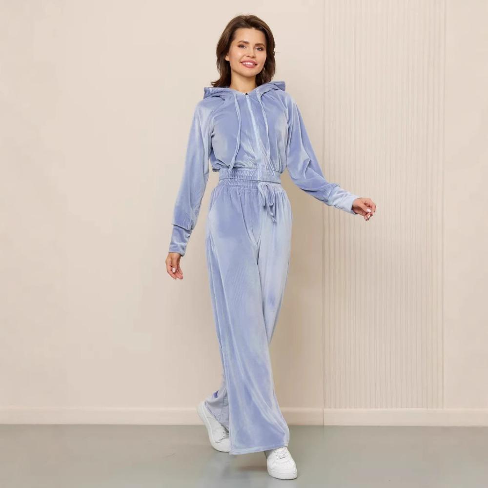 Casual sports velvet 2-piece suit with hooded long-sleeved top and wide-leg pants