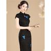New Chinese-style improved cheongsam women's black Jiangnan spring butterfly embroidery retro national style daily dress dress women