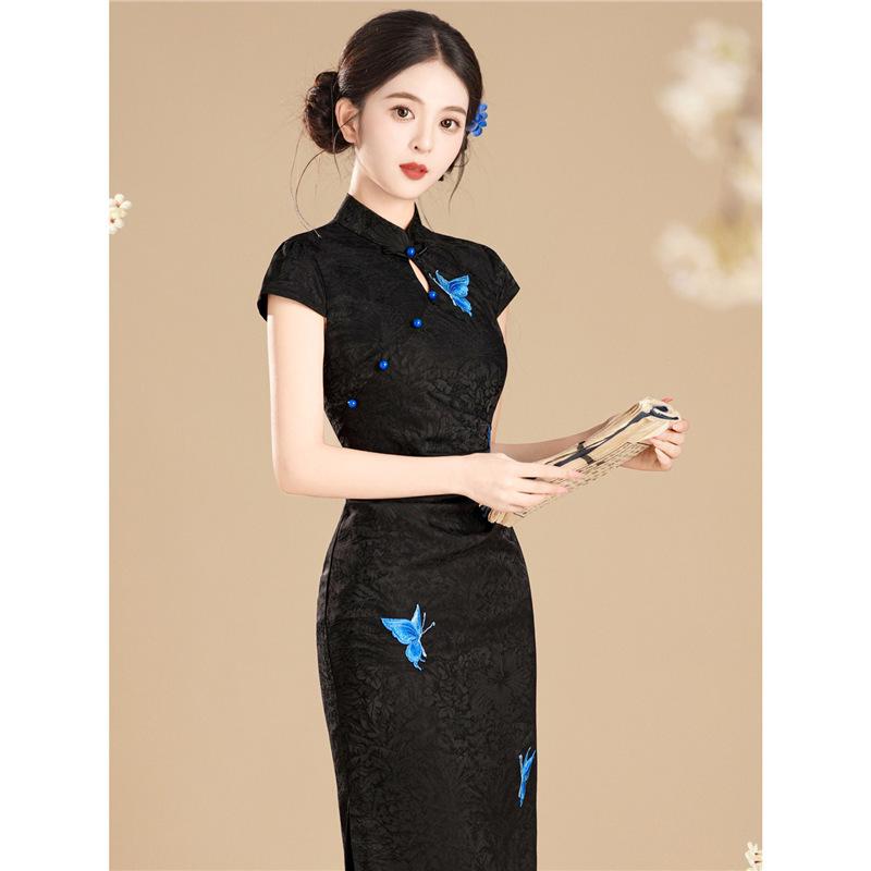 New Chinese-style improved cheongsam women's black Jiangnan spring butterfly embroidery retro national style daily dress dress women