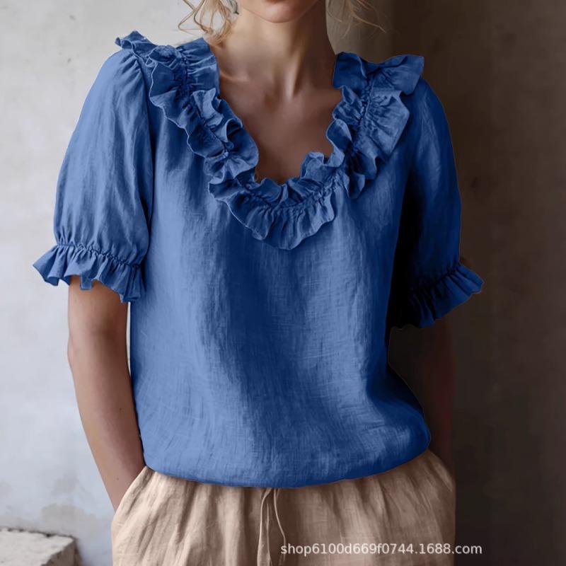 Women's Summer Solid Color Short Sleeve Shirt, Vintage Pullover Blouse