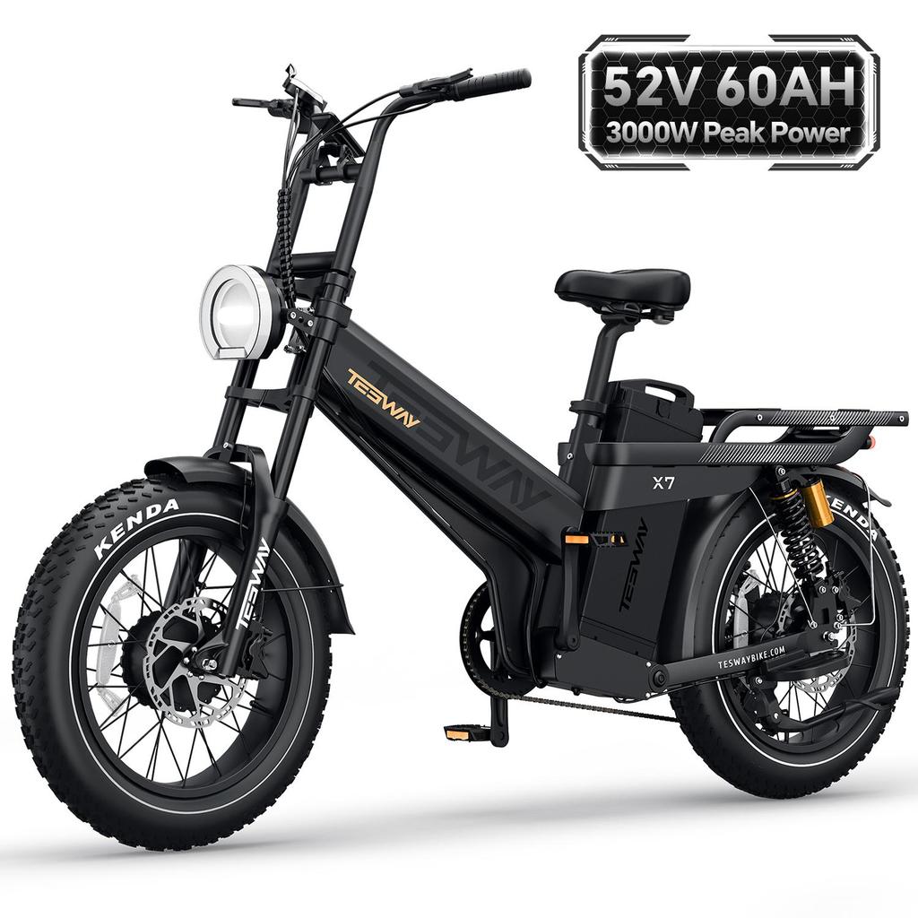 Tesway X7 AWD Electric Bike, Peak 3000W Dual Motor, 52V 60Ah Battery, Range 300km, 20*4.0'' Tires, 7 Speed, 8A Charger