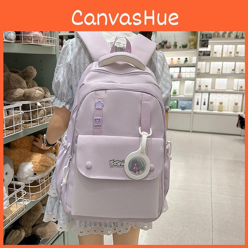 Solid Color Simple Letter Print Student Backpack With Pendant For Daily Use
