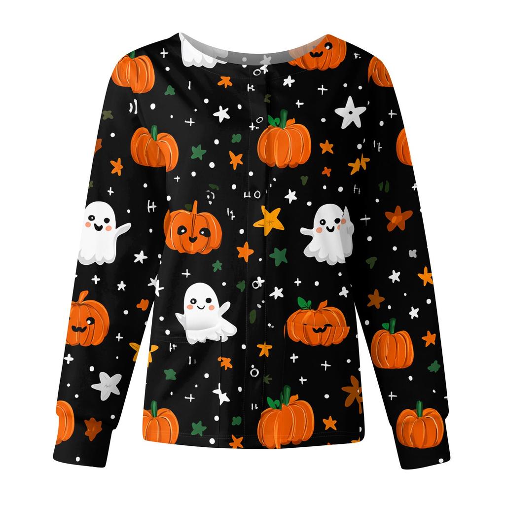 Women's Casual Fashion Long Sleeve Standing Collar Single Breasted Halloween Printed Workwear Jacket Tops