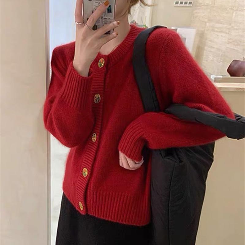 

Knitted Sweater Cardigan Women Round Neck Single Breasted Sweet Kawaii Korean Fashion with Chic Botton Winter Red Top 2026 New XXL червоний