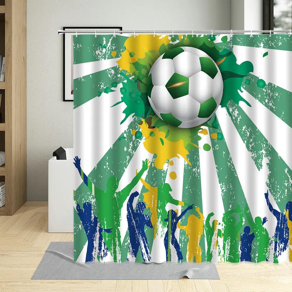 Football Sports Design Shower Curtain, Polyester Fabric, Waterproof, Boys Home Decor, Screens with Hooks, Cartoons Bathroom