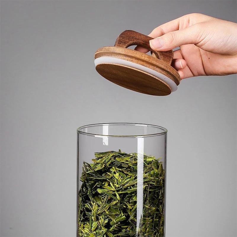 Thickened Glass Sealed Jar with Wooden Lid Waterproof Moisture-proof Coffee Bean Storage Tray Transparent Tea Cereal Containerr