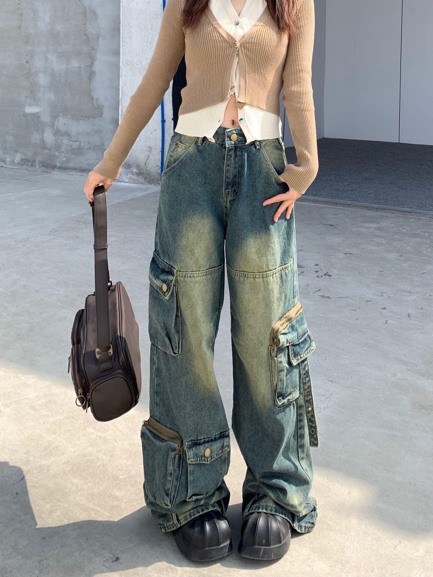 

Женские джинсы прямого кроя, свободного силуэта, с эффектом стирки, в стиле хай-стрит - Ретро-дизайн в пол с карманами L