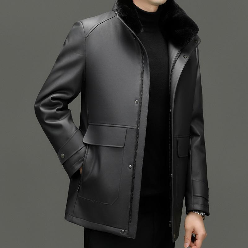 

Мужская куртка из натуральной кожи, средней длины, утепленная, со съемным пуховым вкладышем, зимняя куртка для вечеринок, кожаная куртка среднего возраста с меховым воротником 195