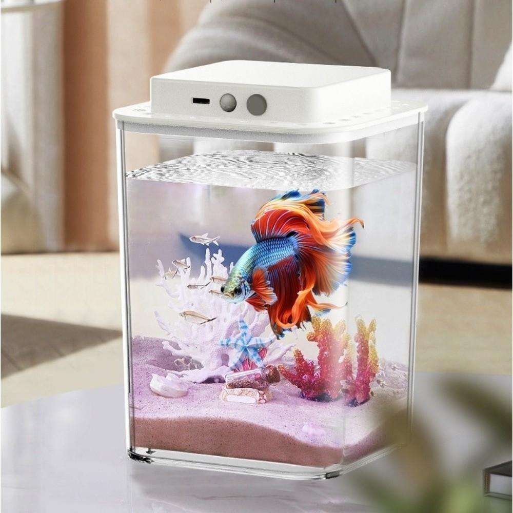 Transparent Betta Fish Tank USB Charging Intelligent Sensing Desktop Fish Bowl LED Light Plastic Figure Display Case Aquarium