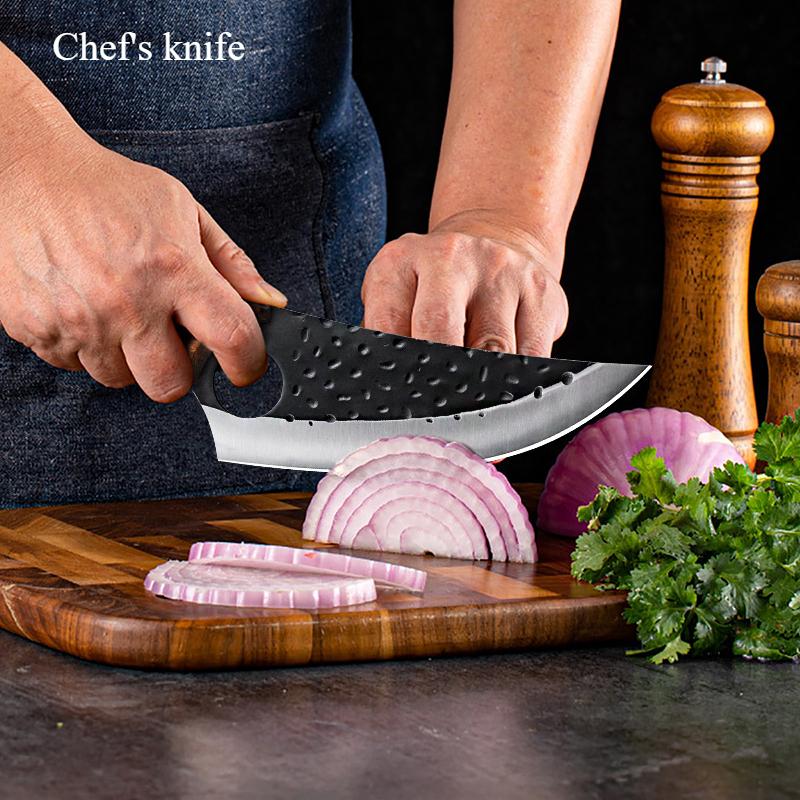 Cuchillo de Cocina Forjado a Mano Patrón Martillado Cuchillo para Deshuesar Cuchillo de Sacrificio Matar Peces Cortar Pieles Vacuno Alta Dureza Cuchillo de Chef