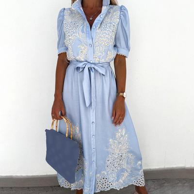Women Dress Hollow Out Embroidery Summer Single Breasted Lace-up Maxi Dress Beachwear
