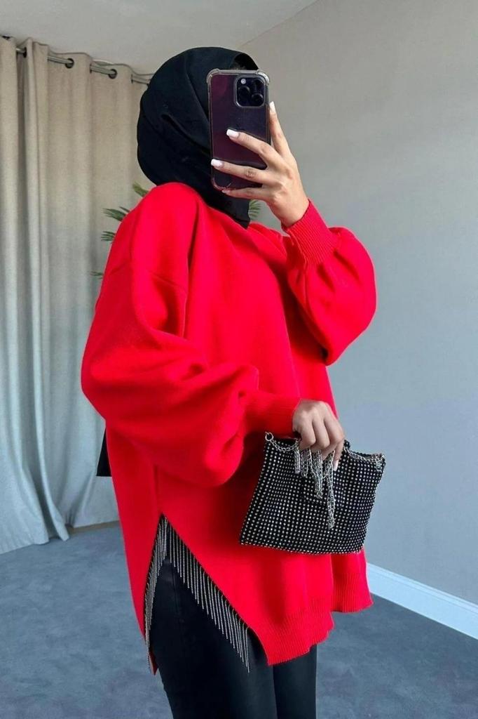 Langer Hijab-Pullover für Damen mit Rundhalsausschnitt, Ballonärmeln und Kette, detailliertem Schlitz