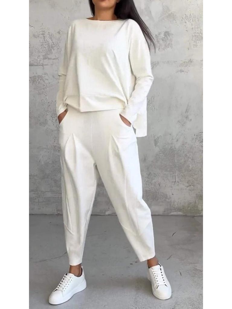 2025 Women's Solid Color Round Neck Long-Sleeve Suit with Pocket Pants