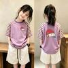 Girls' Striped Cotton T-Shirt & Shorts Set for Ages 6-12 – Summer Loose-Fit Two-Piece Outfit