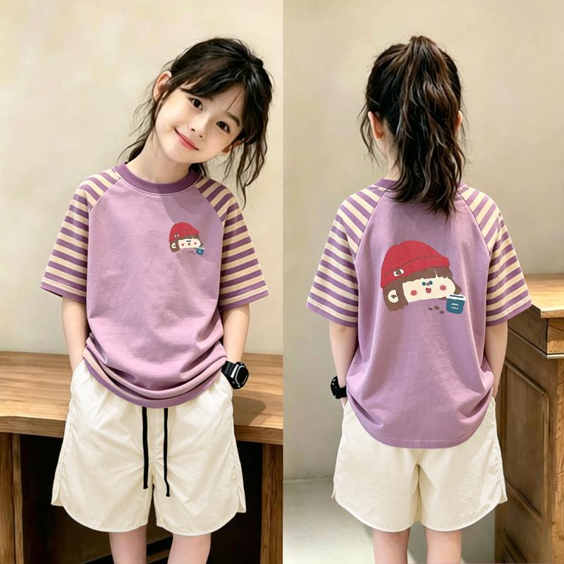 Girls' Striped Cotton T-Shirt & Shorts Set for Ages 6-12 – Summer Loose-Fit Two-Piece Outfit