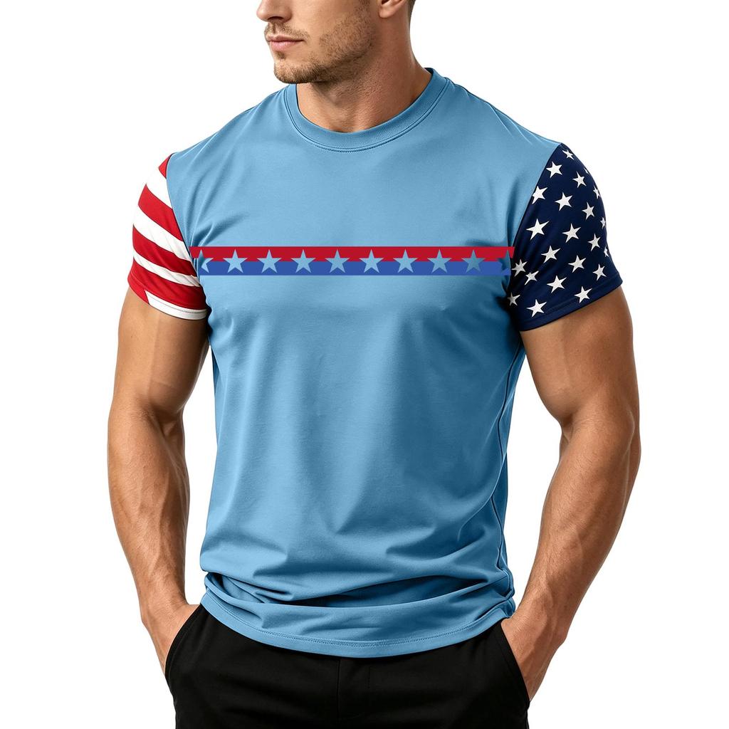 Men's Casual Short Sleeve T Shirt Loose Fit Crew Neck Lightweight Summer Daily Wear Tee with Flag Pattern Sleeve Design