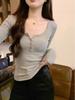 Women's U-Neck Long-Sleeve Shirt: Grey, Simple & Versatile - Perfect Autumn 2025 Base Layer
