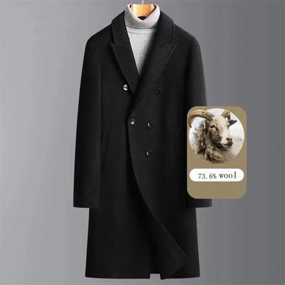 Men's Double-Sided Wool Trench, Black Woollen Outerwear, Long Overcoat, Double Breasted, Thick Black, Autumn, Winter