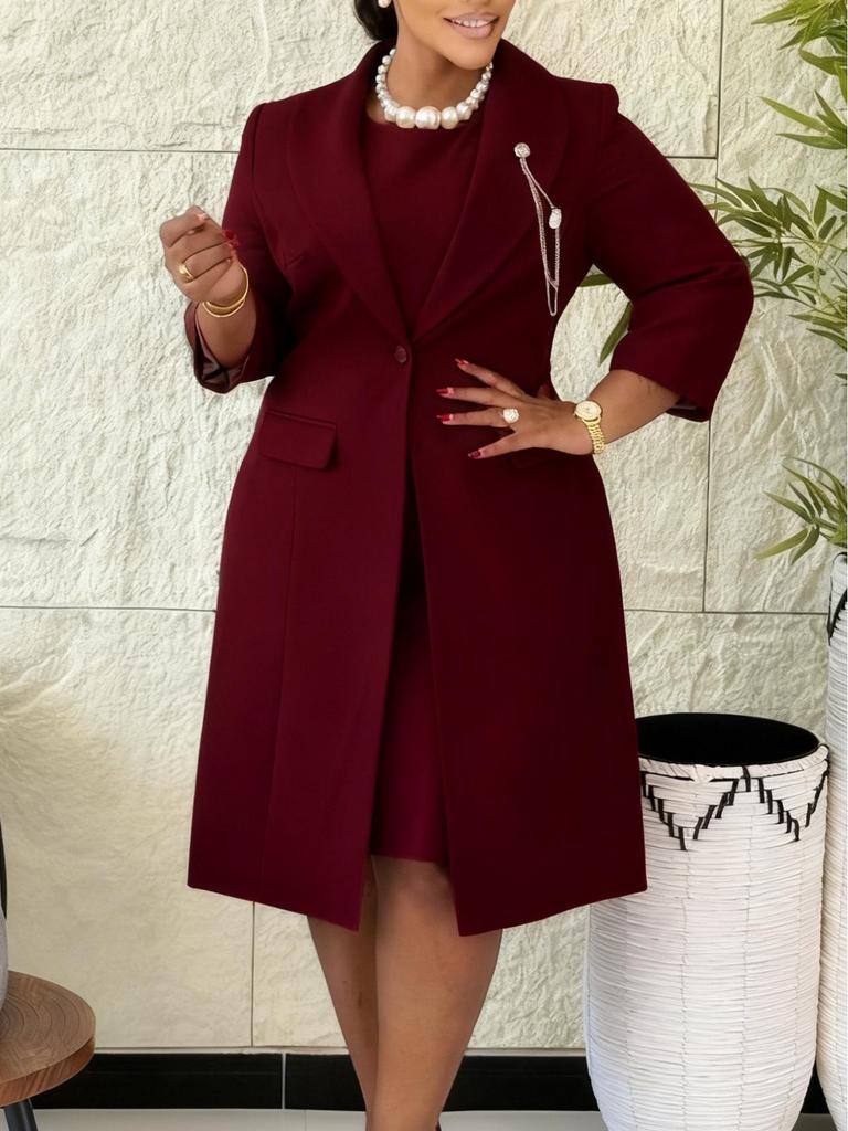 D610 Women's Elegant Stretchy Slim Fit Solid Color Suit Jacket & Camisole Dress: African Fashion Two-Piece Set