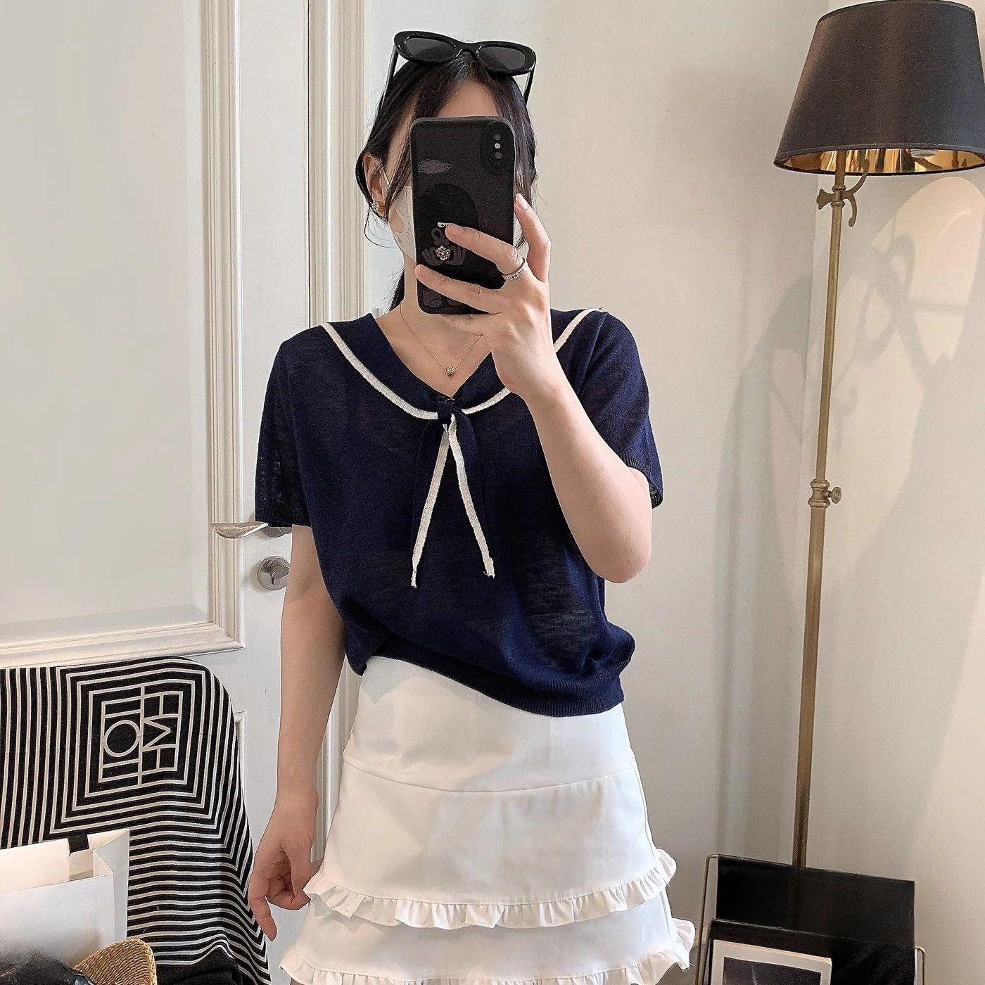 

Вязаная женская летняя модная футболка с коротким рукавом и темно-синим воротником, облегающая One size королевский синий