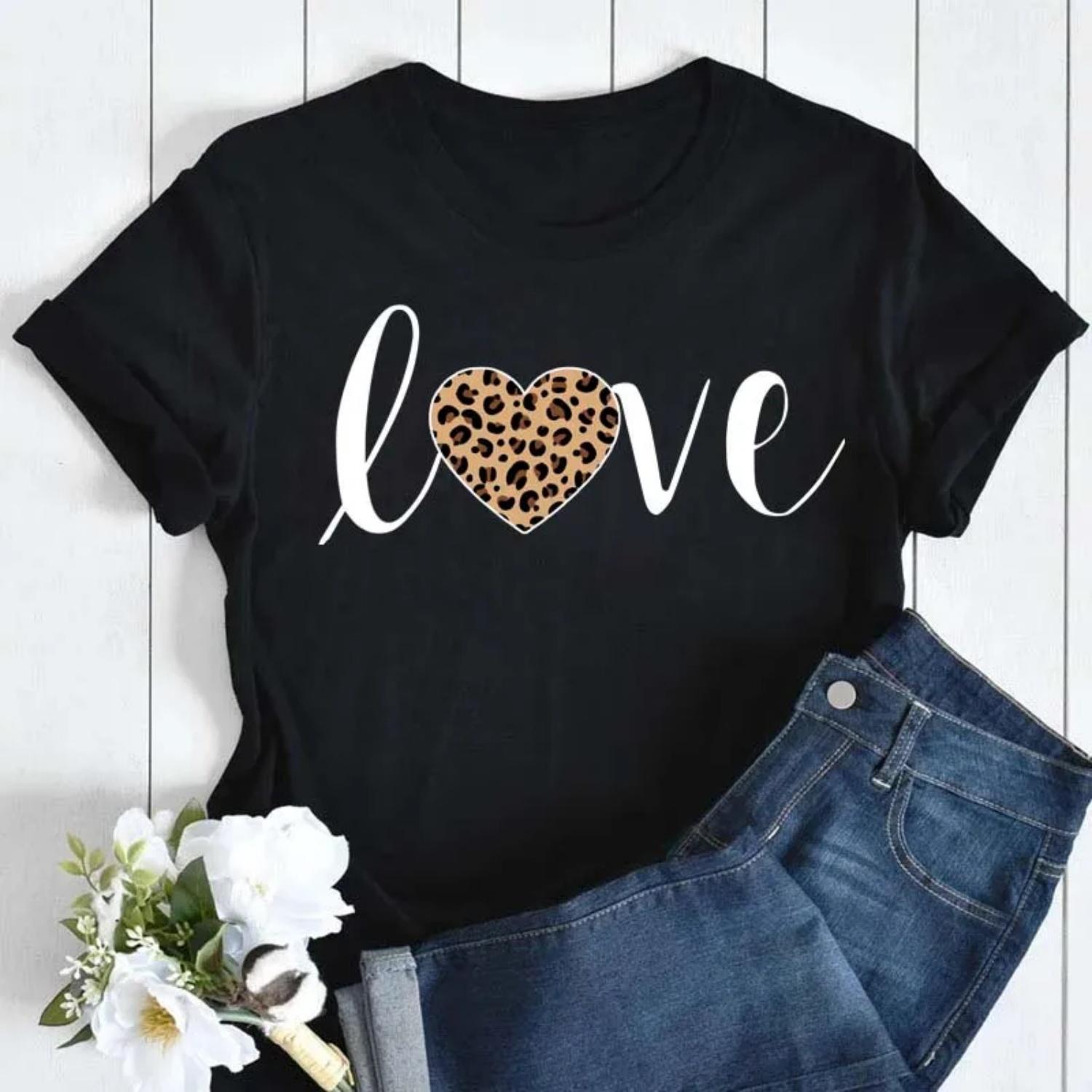 

Женская футболка с коротким рукавом с графическим принтом Leopard Love Fashion 90-х годов, женская одежда с принтом, повседневная женская футболка, женская футболка S чёрный
