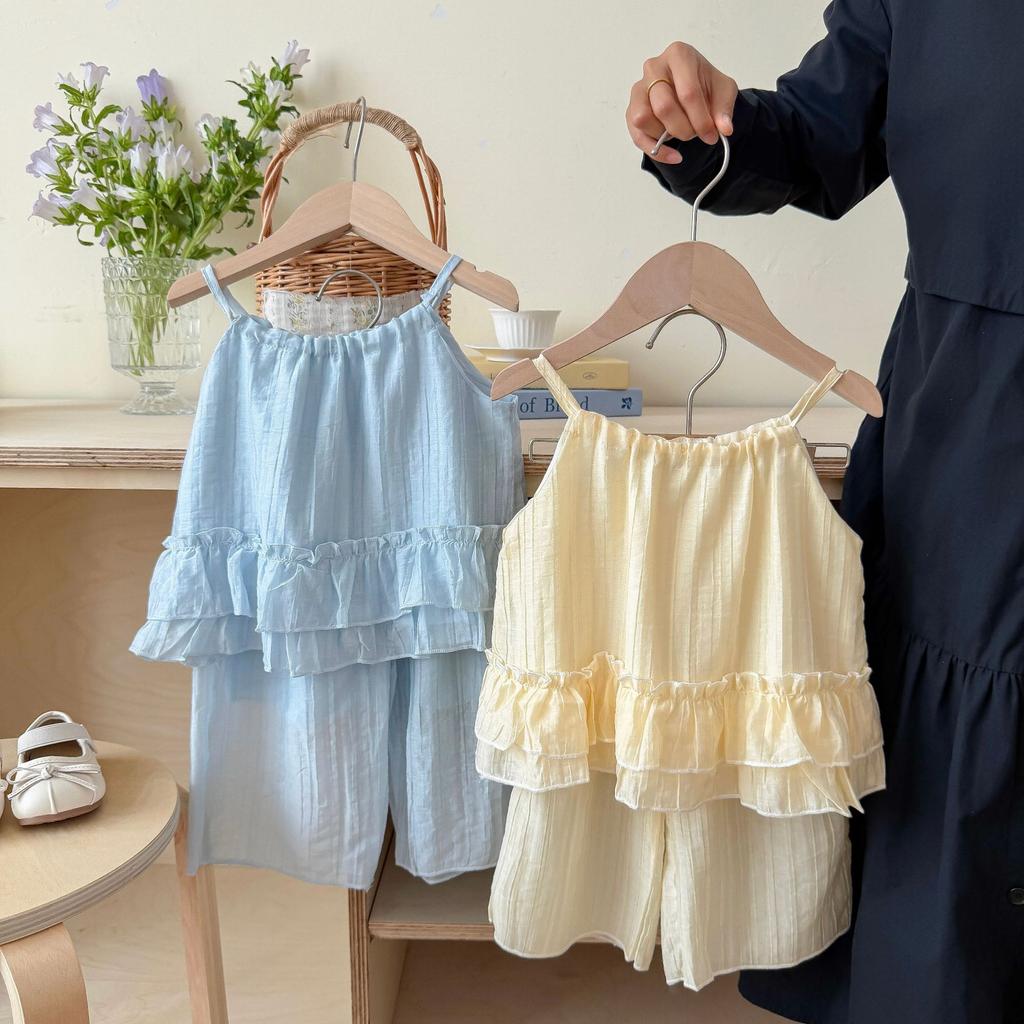 Summer Baby Girl Ruffle Camisole And Wide Leg Pants Set Simple Fashionable Two Piece Outfit For Toddler