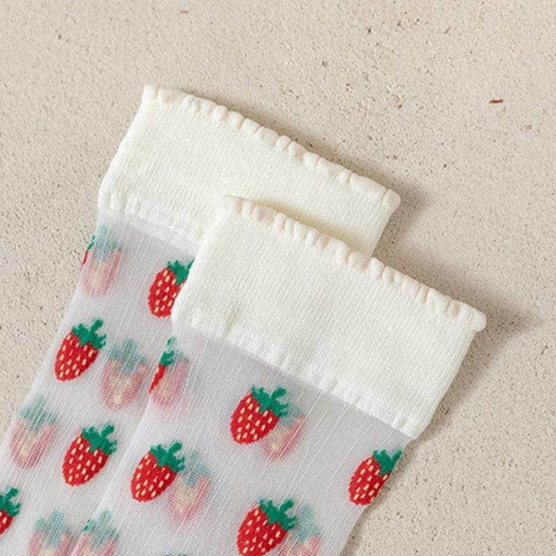 Crystal Glass Silk See Through Long Socks for Women Elegant Sweet Strawberry Pattern Ultrathin Knee Highs Stockings
