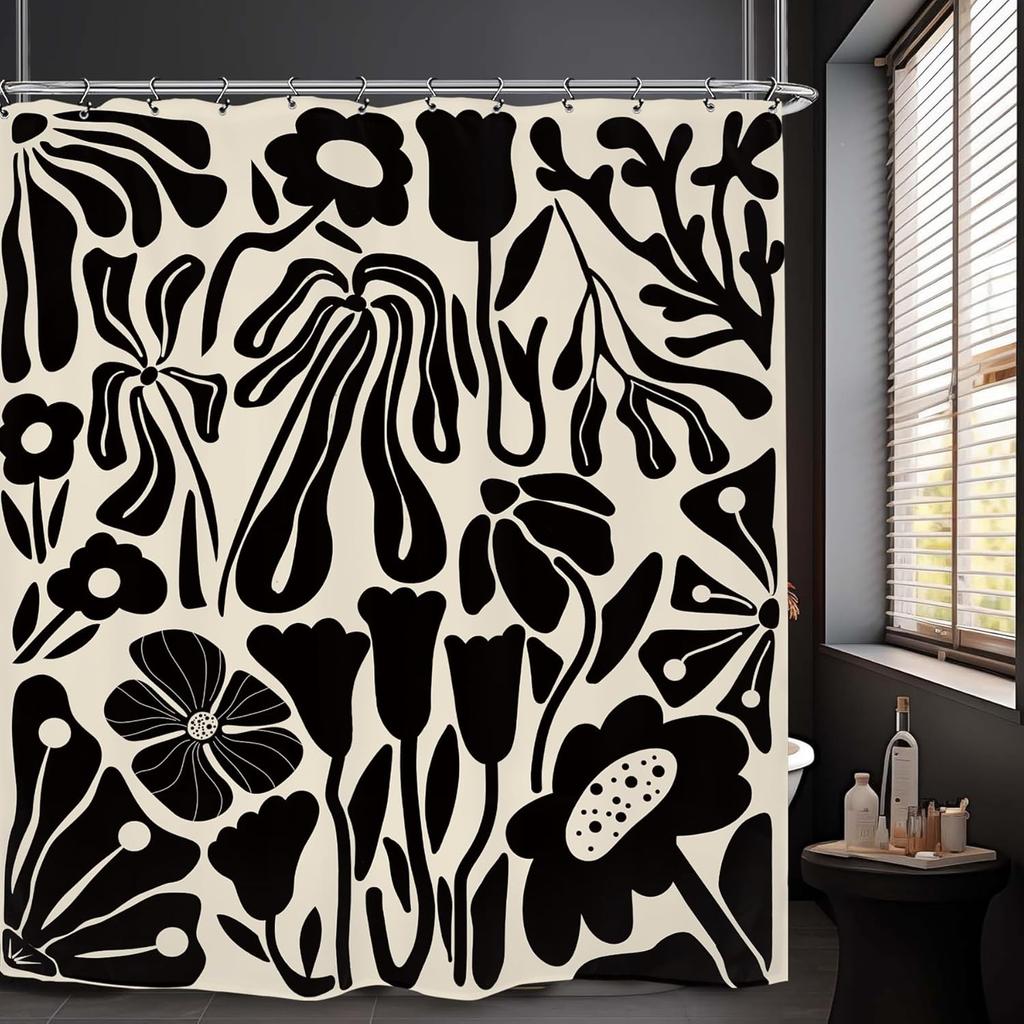 Black White Abstract Floral Shower Curtain 72X72 Inches Modern Boho Style Bathroom Decor With Bold Patterns