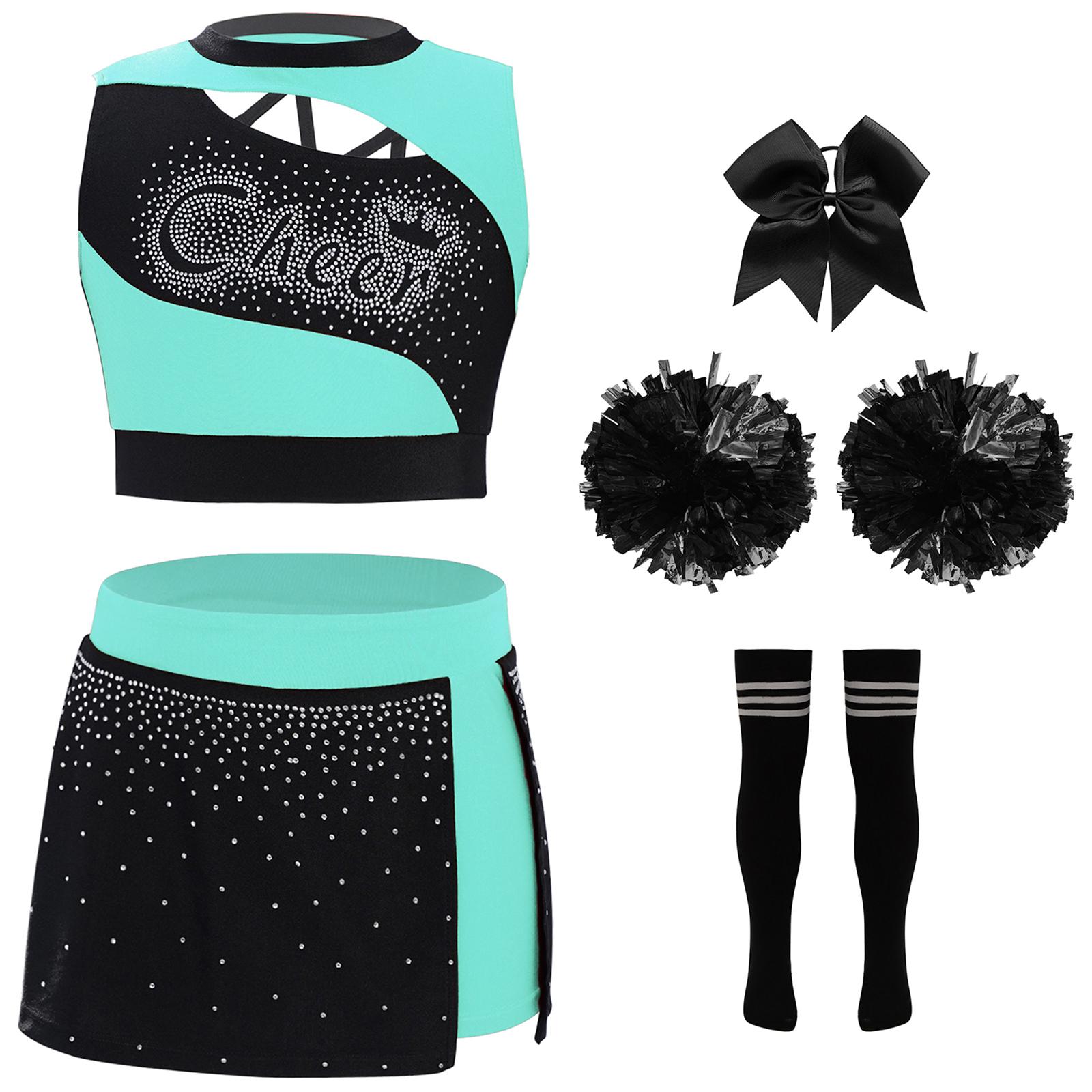 

Girls Cheerleading Outfit Sleeveless Cutout Sparkling Rhinestones Crop Top Side Slit Skirt Headwear Flower Balls Socks Set 5-6 Years
