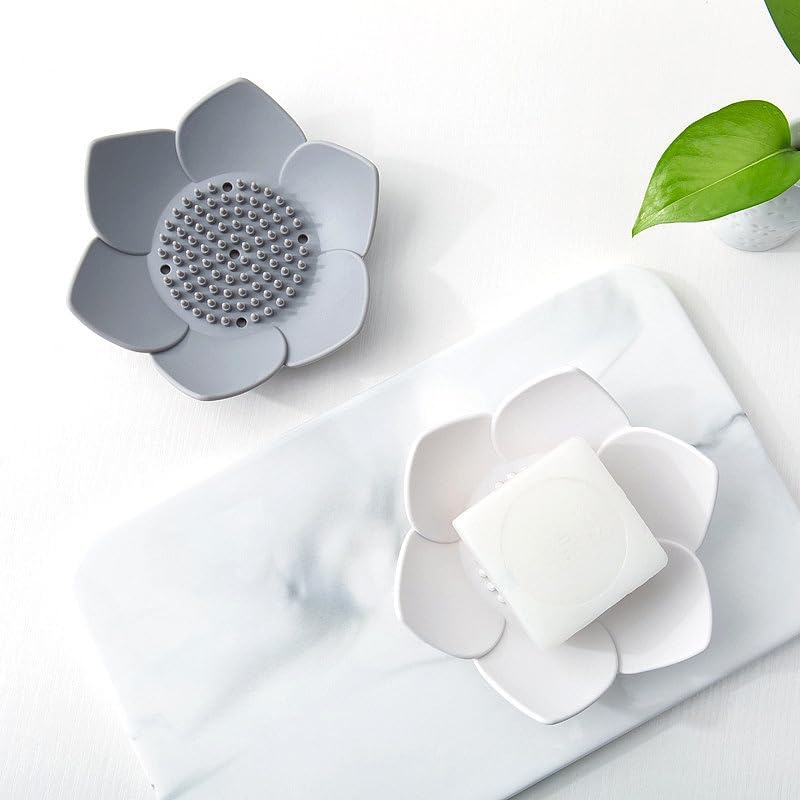 AKOAK Non-Slip Durable Silicone Soap Dish, Creative Lotus Design Storage Shelf Shower, Counter, Sink, Bathroom - 1 Count (Gray)