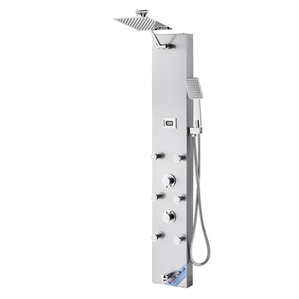 VEVOR Shower Panel Tower System with Rainfall Shower Head, LED, 49 in Brushed Stainless Steel Shower Column, 4-Function Faucet