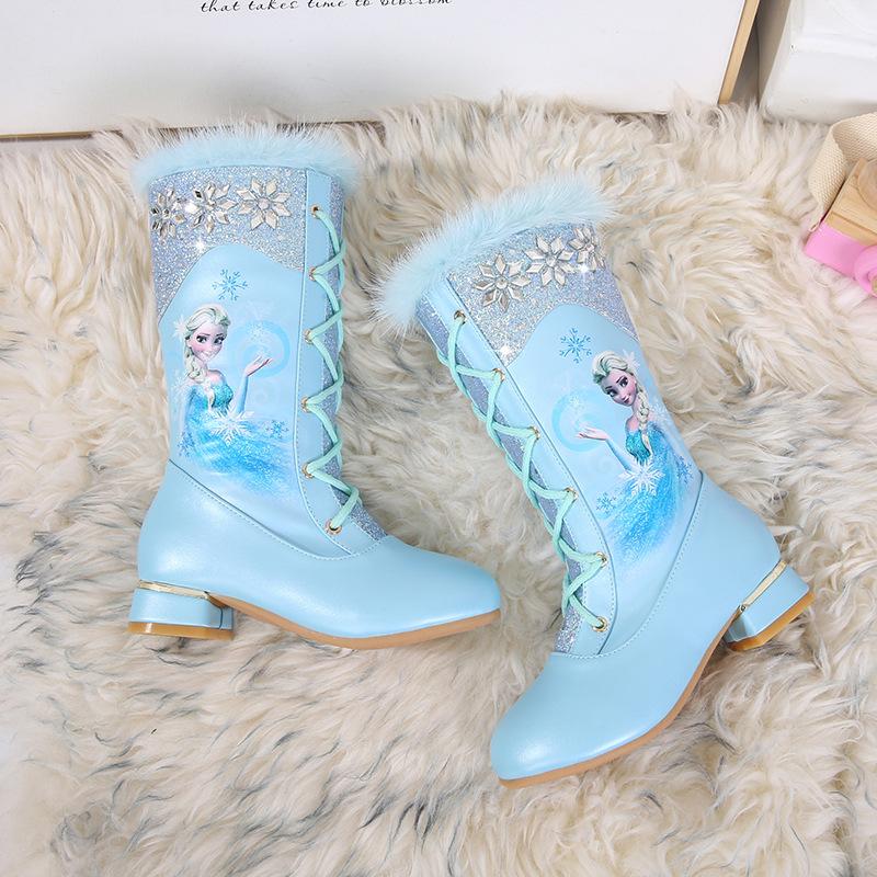 Fashion Autumn and Winter New Girls High-heeled Boots Princess Elsa Boots Children's High-heeled Velvet Knight Lace-up Boots