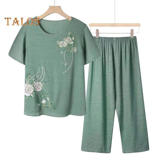 2 Pcs/Set Women T-shirt Pants Set Homewear Outfit Solid Color Floral Print Round Neck Short Sleeve Top Wide Leg Elastic Waist Loose Pants Pajamas
