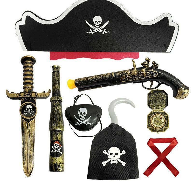 Halloween Pirate Costume Accessories Set for Kids & Adults - Captain Hat, Eyepatch, Toy Gun, Sword & Hook