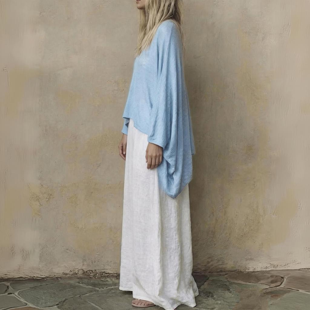 Women's Color V-Neck Long Sleeve Cape Top and Loose Fit Dress Two-Piece Set