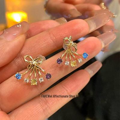 High-End Luxury Bow Earrings with Micro-Inlaid Colored Zircon for Women
