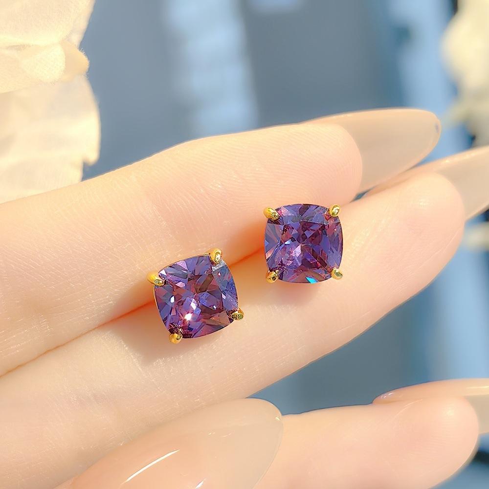 Light Luxury Fashion Simple Yellow Diamond Ice Flower Cutting Set Purple Diamond Pillow Pendant Necklace Square Bag Ring Colorful Treasure Stud