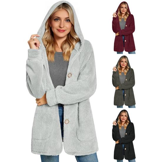 Fleece Jackets for Women Oversized Button Down Fuzzy Hooded Coat Casual Long Sherpa Outerwear with Pockets