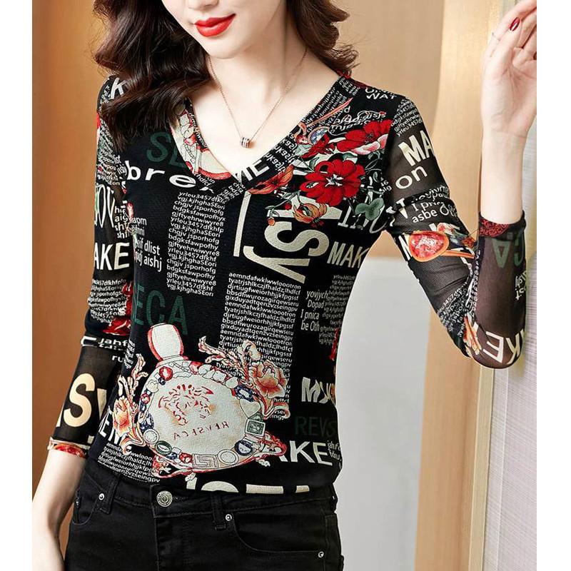 

Весна Осень Модные женские футболки с V-образным вырезом и буквенным принтом, сексуальные сетчатые, в стиле пэчворк, простые, элегантные, с длинным рукавом, тонкие женские топы 4XL красный