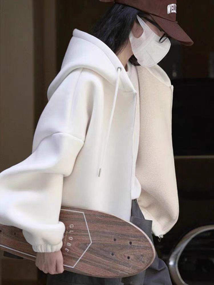 Women's 2024 White Velvet-Lined Hooded Zip-Up Sweatshirt: Cozy, Thick, Loose-Fit Jacket for Autumn/Winter